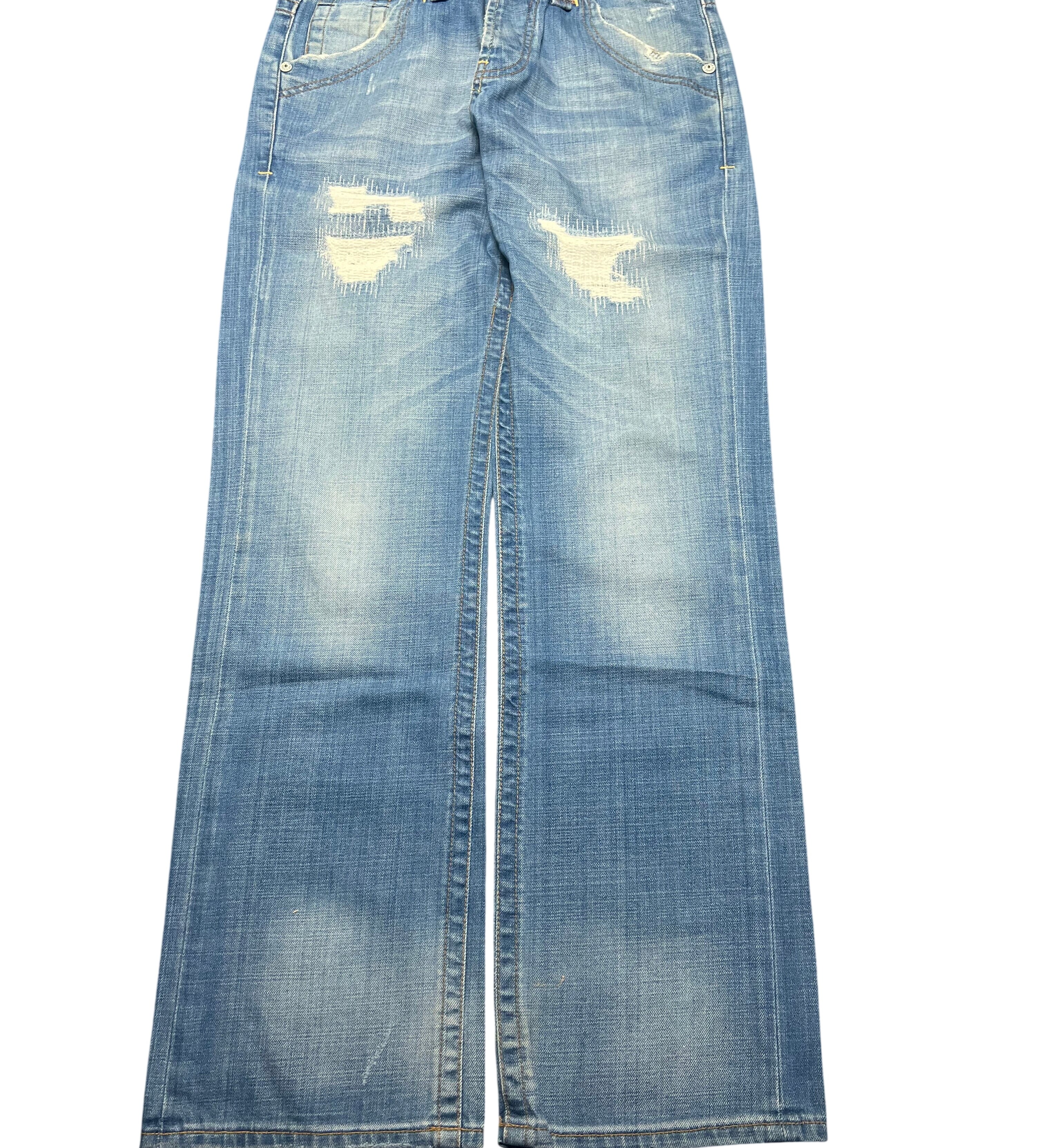 JOMAVINTAGE Japan style light blue denim jeans with distressed knee details and faded wash finish