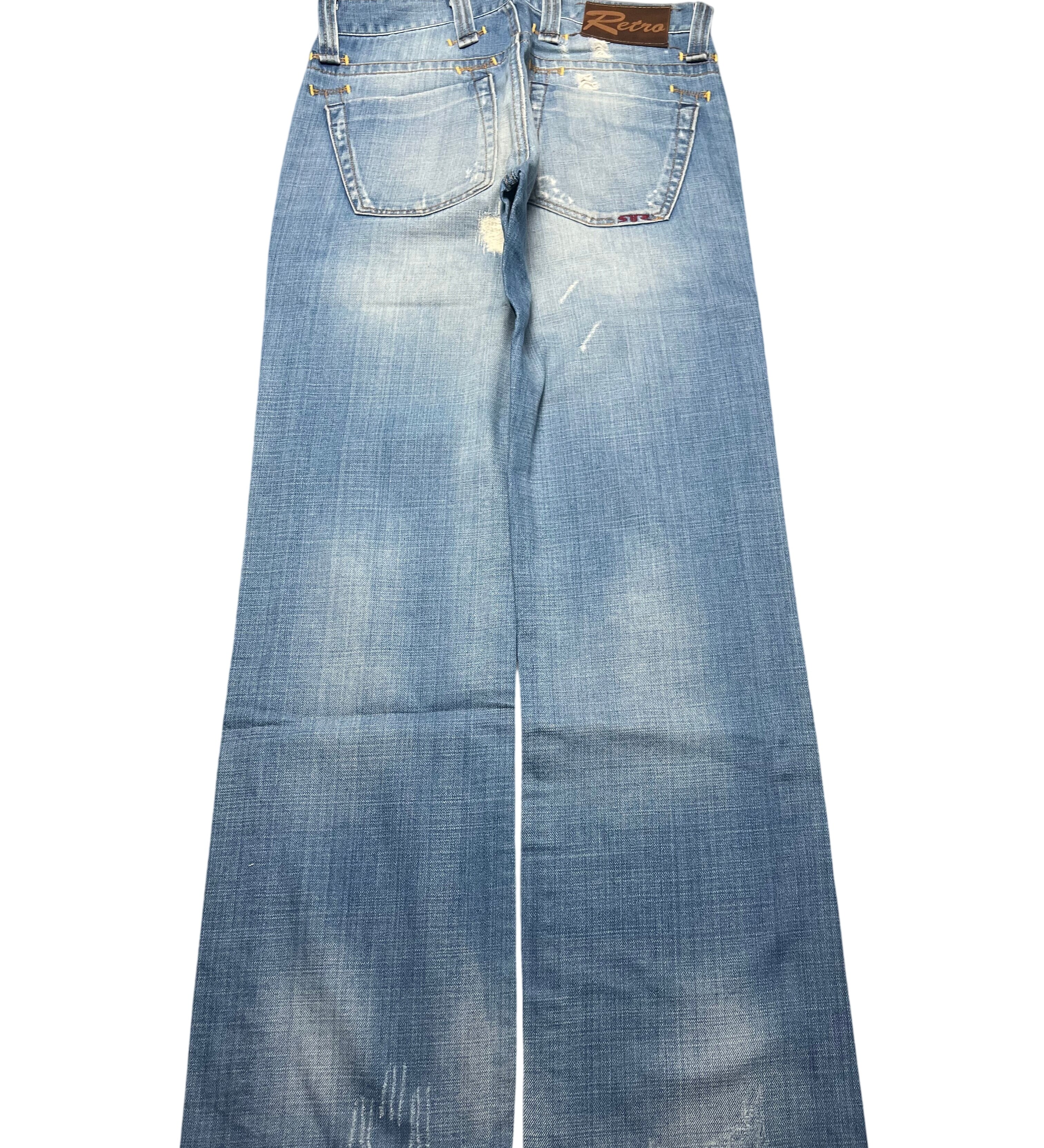 JOMAVINTAGE Japan style light wash denim jeans with distressed details and a brown leather back patch