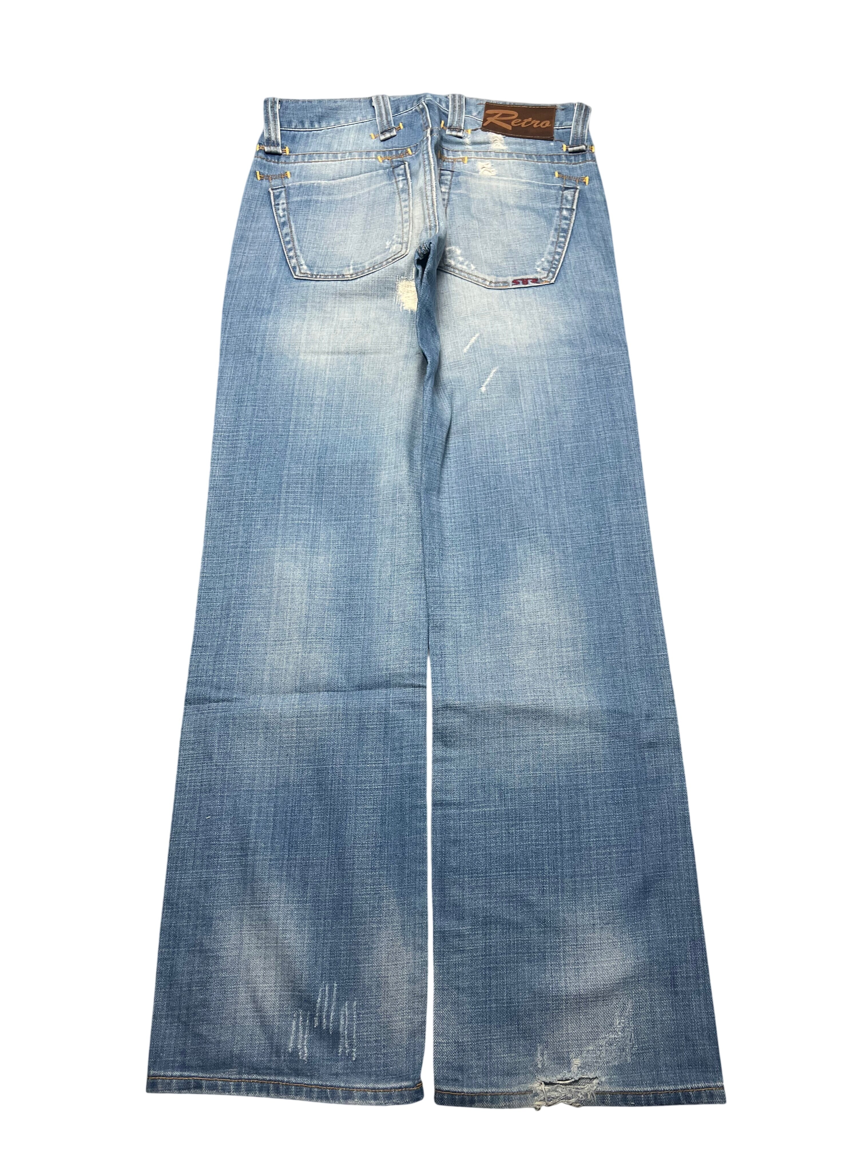 JOMAVINTAGE Japan style light wash denim jeans with distressed details and a brown leather back patch