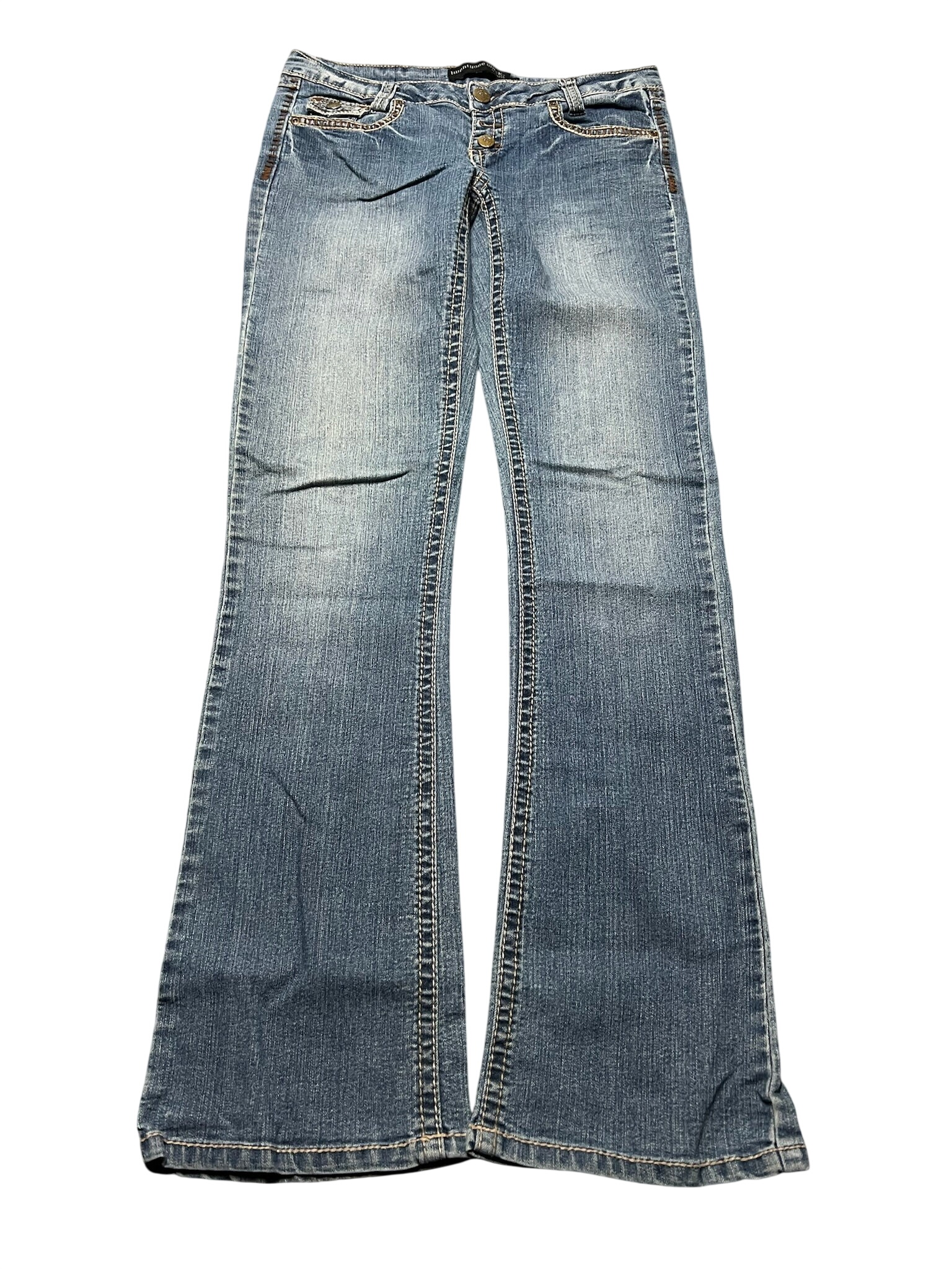 JOMAVINTAGE Y2K low waist bootcut jeans in blue denim with contrast stitching and front pocket detailing