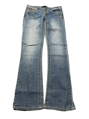JOMAVINTAGE Y2K low waist bootcut jeans in blue denim with contrast stitching and front pocket detailing