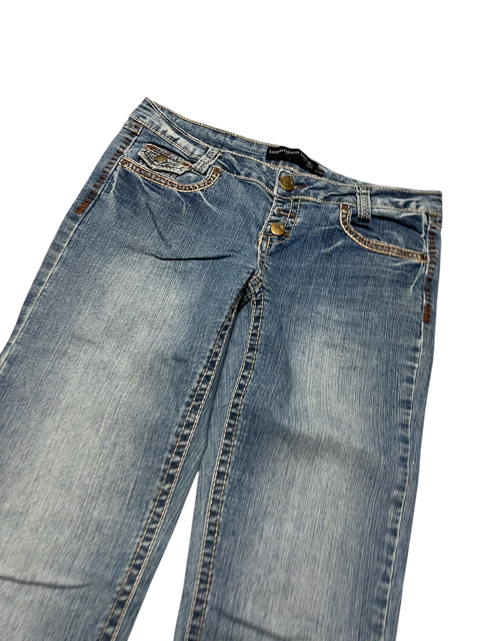 JOMAVINTAGE Y2K low waist bootcut jeans in light blue denim with contrast stitching and button fly detail