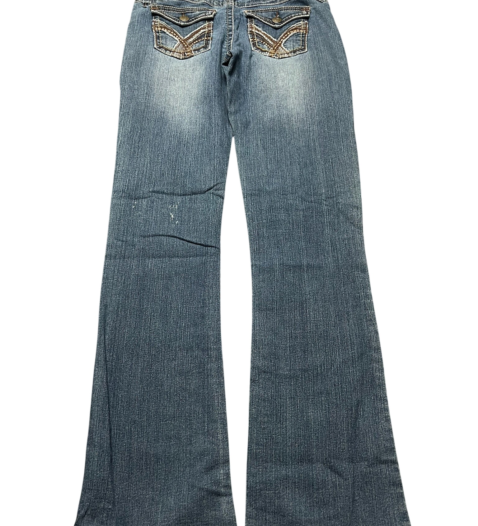 JOMAVINTAGE Y2K low waist bootcut jeans in blue denim with decorative embroidered flap back pockets