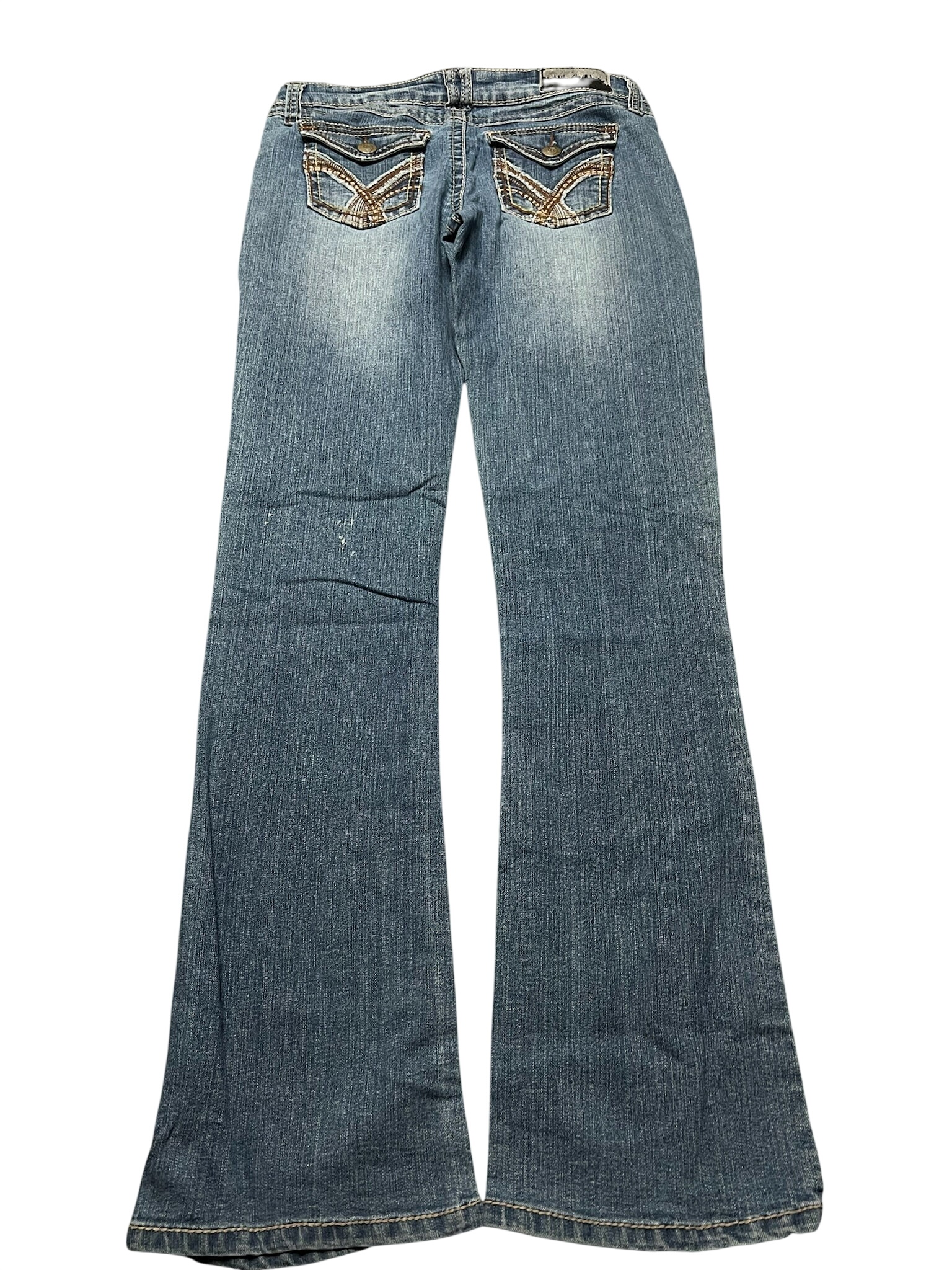 JOMAVINTAGE Y2K low waist bootcut jeans in blue denim with decorative embroidered flap back pockets