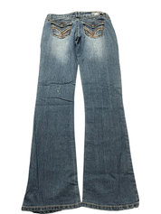 JOMAVINTAGE Y2K low waist bootcut jeans in blue denim with decorative embroidered flap back pockets