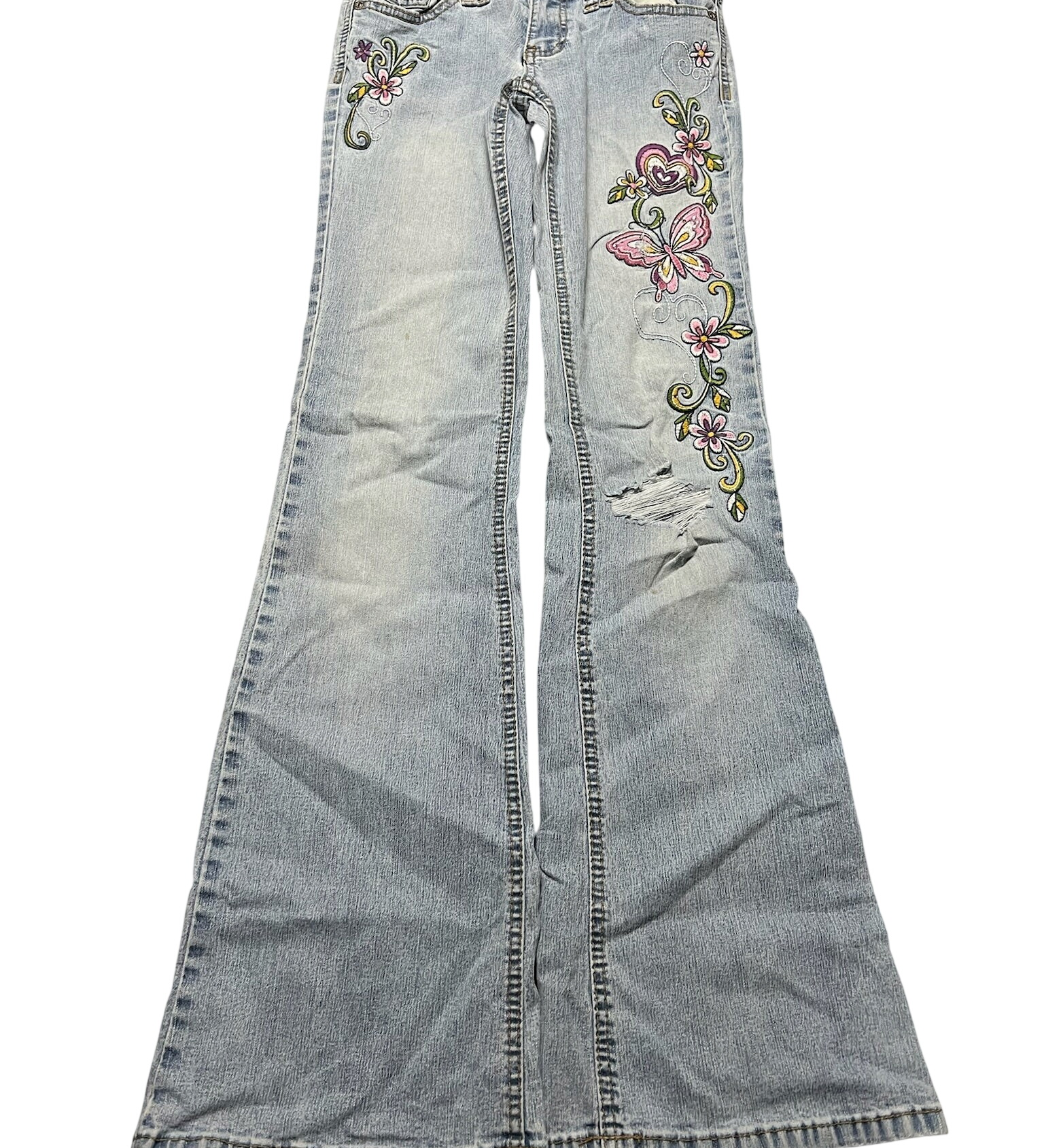 JOMAVINTAGE light wash Y2K low waist bootcut jeans with embroidered butterfly and floral details and distressed knee