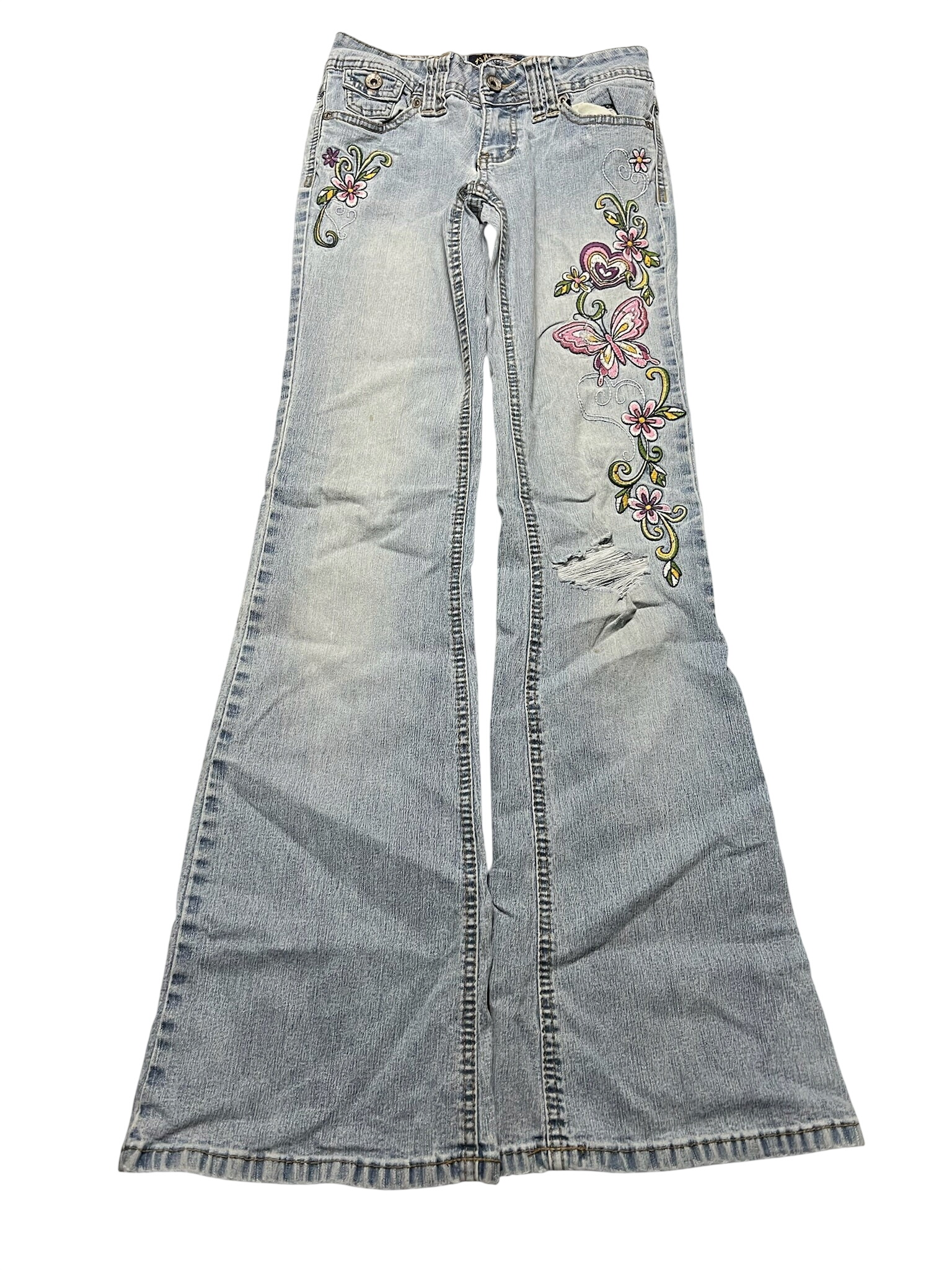 JOMAVINTAGE light wash Y2K low waist bootcut jeans with embroidered butterfly and floral details and distressed knee