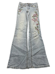 JOMAVINTAGE light wash Y2K low waist bootcut jeans with embroidered butterfly and floral details and distressed knee