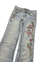 JOMAVINTAGE Y2K low waist bootcut jeans in light wash denim with embroidered butterfly and floral heart designs
