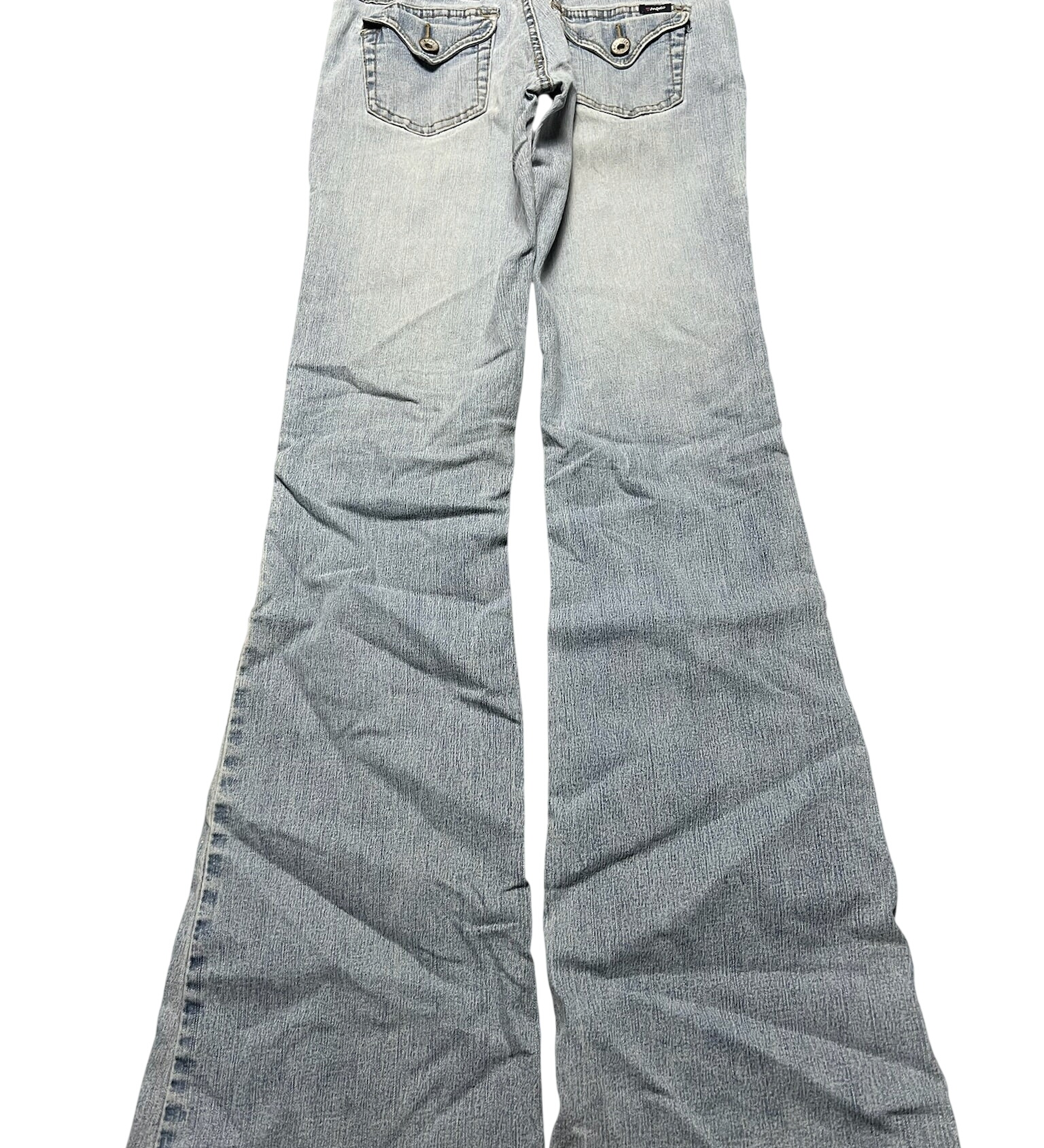JOMAVINTAGE Y2K low waist bootcut jeans in light wash denim with buttoned back pockets