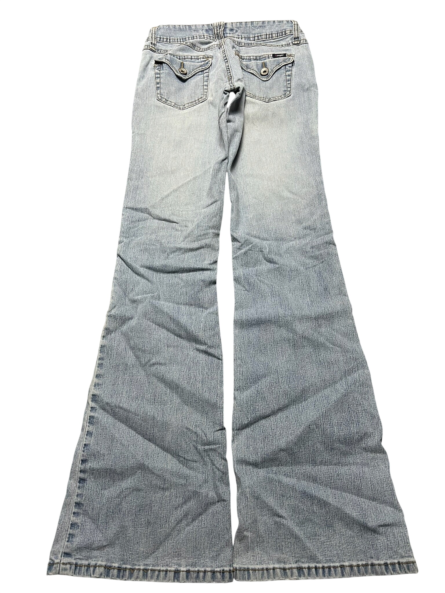 JOMAVINTAGE Y2K low waist bootcut jeans in light wash denim with buttoned back pockets